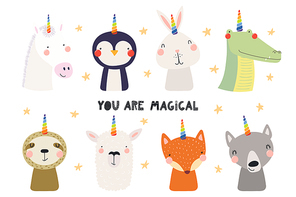 Set of cute funny animals with unicorn horns, quote You are magical. Isolated objects on white background. Hand drawn vector illustration. Scandinavian style flat design. Concept for children print.