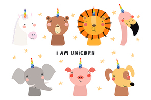 Set of cute funny animals with unicorn horns, quote I am unicorn . Isolated objects on white background. Hand drawn vector illustration. Scandinavian style flat design. Concept for children print.