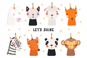 Set of cute funny animals with unicorn horns, quote Lets shine . Isolated objects on white background. Hand drawn vector illustration. Scandinavian style flat design. Concept for children print.