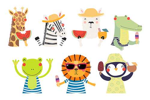 Set of cute funny summer animals in hats, sunglasses, with watermelon. Isolated objects on white . Hand drawn vector illustration. Scandinavian style flat design. Concept for children .