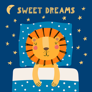 Hand drawn vector illustration of a cute funny sleeping lion, with pillow, blanket, lettering quote Sweet dreams. Isolated objects. Scandinavian style flat design. Concept for children print.