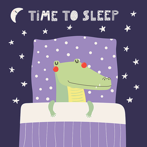 Hand drawn vector illustration of a cute funny sleeping crocodile, with pillow, blanket, lettering quote Time to sleep. Isolated objects. Scandinavian style flat design. Concept for children print.
