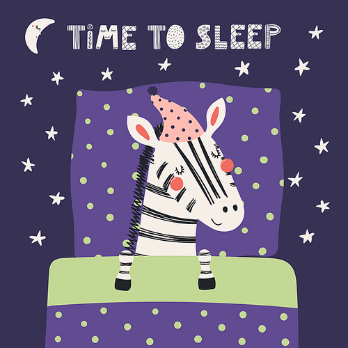Hand drawn vector illustration of a cute funny sleeping zebra in a nightcap, with pillow, blanket, quote Time to sleep. Isolated objects. Scandinavian style flat design. Concept for children .