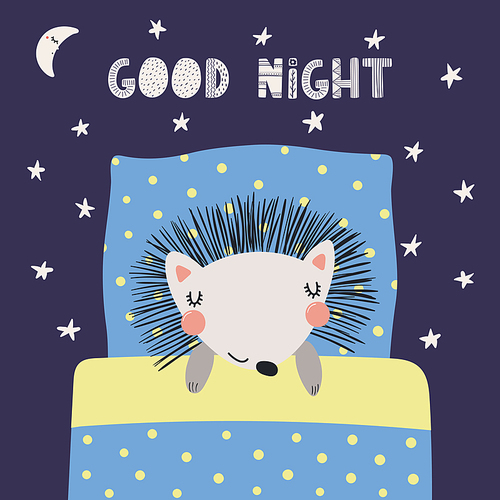 Hand drawn vector illustration of a cute funny sleeping hedgehog, with pillow, blanket, lettering quote Good night. Isolated objects. Scandinavian style flat design. Concept for children print.