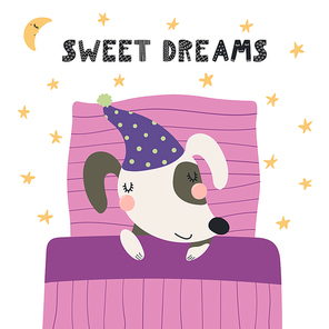 Hand drawn vector illustration of a cute funny sleeping dog in a nightcap, with pillow, blanket, lettering Sweet dreams. Isolated objects. Scandinavian style flat design. Concept for children print.