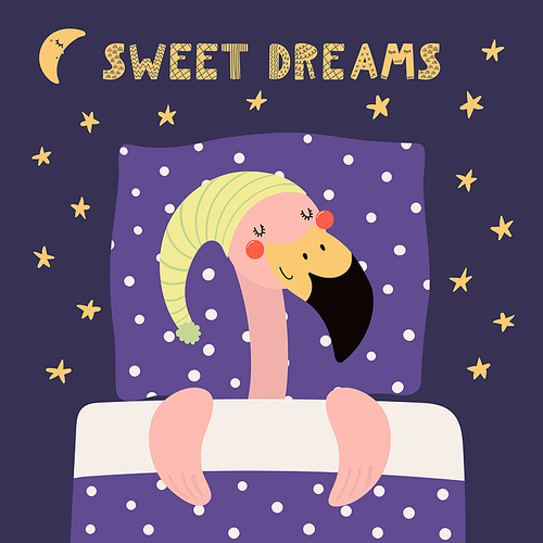 Hand drawn vector illustration of a cute funny sleeping flamingo in a nightcap, with pillow, blanket, quote Sweet dreams. Isolated objects. Scandinavian style flat design. Concept for children print.