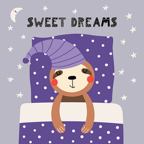 Hand drawn vector illustration of a cute funny sleeping sloth in a nightcap, with pillow, blanket, lettering Sweet dreams. Isolated objects. Scandinavian style flat design. Concept for children print.