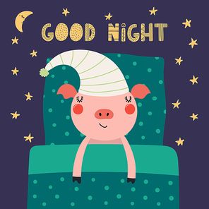 Hand drawn vector illustration of a cute funny sleeping pig in a nightcap, with pillow, blanket, lettering quote Good night. Isolated objects. Scandinavian style flat design. Concept children print.