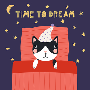 Hand drawn vector illustration of a cute funny sleeping cat in a nightcap, with pillow, blanket, lettering Time to dream. Isolated objects. Scandinavian style flat design. Concept for children print.