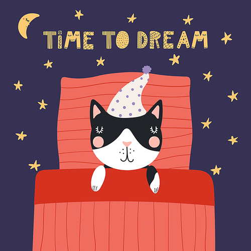 Hand drawn vector illustration of a cute funny sleeping cat in a nightcap, with pillow, blanket, lettering Time to dream. Isolated objects. Scandinavian style flat design. Concept for children .