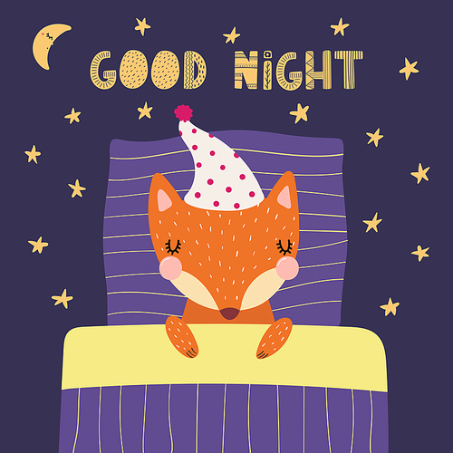 Hand drawn vector illustration of a cute funny sleeping fox in a nightcap, with pillow, blanket, lettering quote Good night. Isolated objects. Scandinavian style flat design. Concept children .