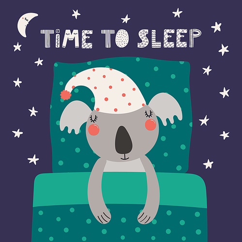 Hand drawn vector illustration of a cute funny sleeping koala in a nightcap, with pillow, blanket, quote Time to sleep. Isolated objects. Scandinavian style flat design. Concept for children .