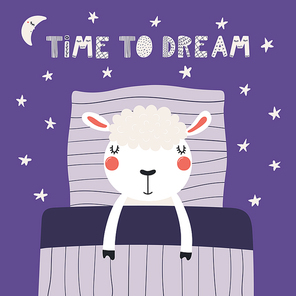 Hand drawn vector illustration of a cute funny sleeping sheep, with pillow, blanket, lettering quote Time to dream. Isolated objects. Scandinavian style flat design. Concept for children print.