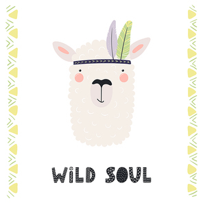 Hand drawn vector illustration of a cute funny tribal llama with feathers, lettering quote Wild soul. Isolated objects. Scandinavian style flat design. Concept for children print.