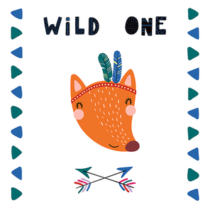 Hand drawn vector illustration of a cute funny tribal fox with feathers, lettering quote Wild one. Isolated objects. Scandinavian style flat design. Concept for children print.