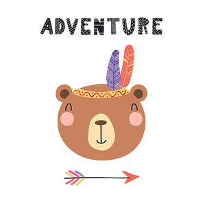 Hand drawn vector illustration of a cute funny tribal bear with feathers, lettering quote Adventure. Isolated objects. Scandinavian style flat design. Concept for children print.