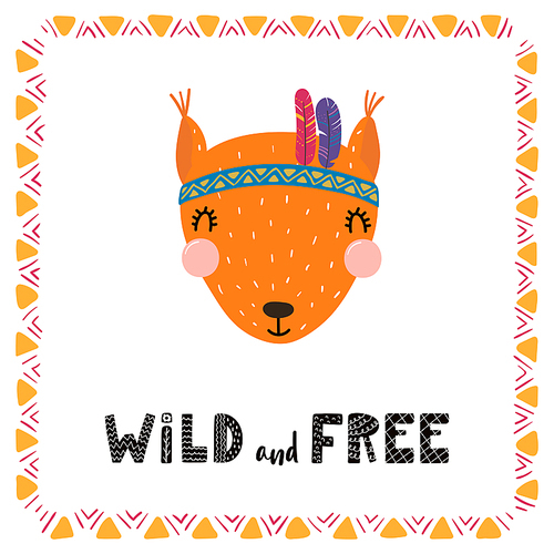 Hand drawn vector illustration of a cute funny tribal squirrel with feathers, lettering quote Wild and free. Isolated objects. Scandinavian style flat design. Concept for children print.