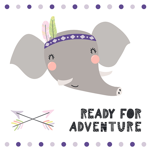 Hand drawn vector illustration of a cute funny tribal elephant with feathers, lettering quote Ready for adventure. Isolated objects. Scandinavian style flat design. Concept for children .