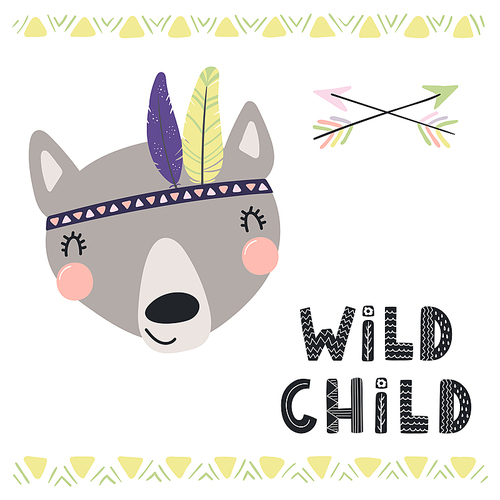Hand drawn vector illustration of a cute funny tribal wolf with feathers, lettering quote Wild child. Isolated objects. Scandinavian style flat design. Concept for children .