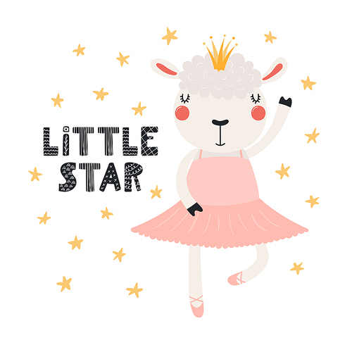 Hand drawn vector illustration of a cute funny sheep ballerina in a tutu, pointe shoes, with lettering quote Little star. Isolated objects. Scandinavian style flat design. Concept for children .