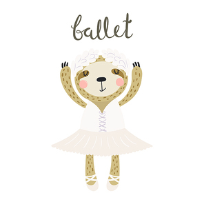 Hand drawn vector illustration of a cute funny sloth ballerina in a tutu, pointe shoes, with lettering quote Ballet. Isolated objects. Scandinavian style flat design. Concept for children print.