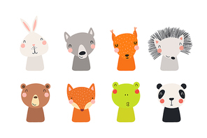Set of cute funny little animals bear, panda, bunny, wolf, frog, fox, hedgehog, squirrel. Isolated objects on white. Vector illustration. Scandinavian style flat design. Concept for children print