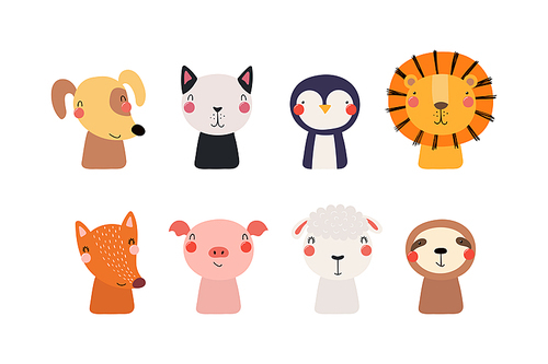 Set of cute funny little animals cat, lion, sheep, penguin, dog, sloth, fox, pig. Isolated objects on white . Vector illustration. Scandinavian style flat design. Concept for children .