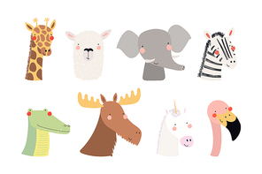 Set of cute funny animals unicorn, zebra, llama, flamingo, giraffe, moose, crocodile, elephant. Isolated objects on white . Vector illustration. Scandinavian style flat design Concept children print
