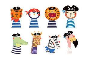 Set of cute funny little animals pirates lion, tiger, zebra, flamingo, penguin, sloth, giraffe, crocodile. Isolated objects on white. Vector illustration. Scandinavian style design. Concept kids print