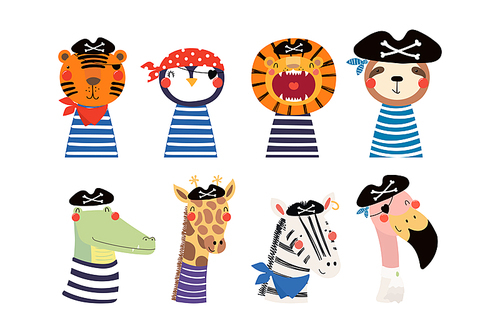 Set of cute funny little animals pirates lion, tiger, zebra, flamingo, penguin, sloth, giraffe, crocodile. Isolated objects on white. Vector illustration. Scandinavian style design. Concept kids