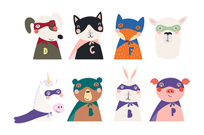 Set of cute funny little animals superheroes cat, bear, unicorn, llama, dog, fox, pig, bunny. Isolated objects on white. Vector illustration. Scandinavian style flat design. Concept for children print
