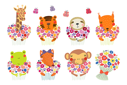Set of cute funny little animals with flowers tiger, sloth, frog, fox, monkey, squirrel, giraffe. Isolated objects on white. Vector illustration. Scandinavian style flat design. Concept children