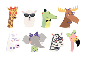 Set of cute funny trendy animals unicorn, zebra, llama, flamingo, giraffe, moose, crocodile, elephant. Isolated objects on white. Vector illustration. Scandinavian style design Concept kids print