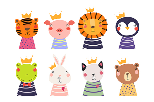 Set of cute funny little animals in crowns cat, bear, lion, tiger, penguin, bunny, frog, pig. Isolated objects on white. Vector illustration. Scandinavian style flat design. Concept for children