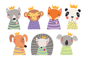 Set of cute funny little animals in crowns koala, panda, dog, wolf, fox, hedgehog, monkey. Isolated objects on white. Vector illustration. Scandinavian style flat design. Concept for children print