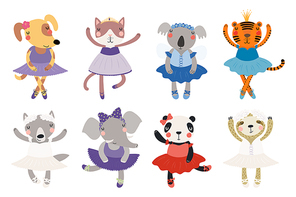 Set of cute funny little animals ballerinas cat, koala, panda, tiger, dog, wolf, sloth, elephant. Isolated objects on white. Vector illustration. Scandinavian style flat design. Concept children print