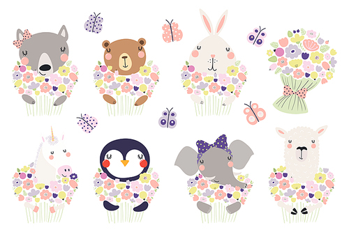 Set of cute funny little animals with flowers bear, unicorn, llama, penguin, bunny, wolf, elephant. Isolated objects on white. Vector illustration. Scandinavian style design. Concept children