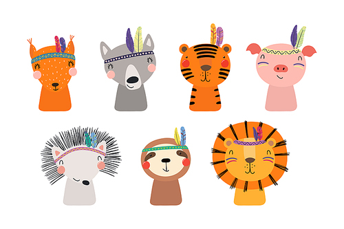 Set of cute funny little tribal animals lion, tiger, wolf, sloth, hedgehog, pig, squirrel. Isolated objects on white. Vector illustration. Scandinavian style flat design. Concept for children