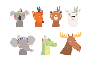 Set of cute funny little tribal animals bear, koala, llama, moose, fox, crocodile, elephant. Isolated objects on white. Vector illustration. Scandinavian style flat design. Concept for children print