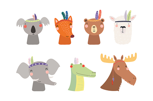 Set of cute funny little tribal animals bear, koala, llama, moose, fox, crocodile, elephant. Isolated objects on white. Vector illustration. Scandinavian style flat design. Concept for children
