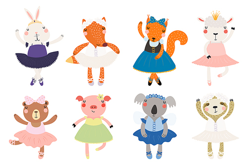 Set of cute funny little animals ballerinas bear, sheep, bunny, fox, pig, squirrel, sloth, koala. Isolated objects on white. Vector illustration. Scandinavian style flat design. Concept children