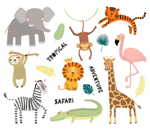 Set of cute funny animals flamingo, sloth, crocodile, elephant, giraffe, lion, tiger, monkey, zebra. Isolated objects on white. Vector illustration Scandinavian style design Concept kids