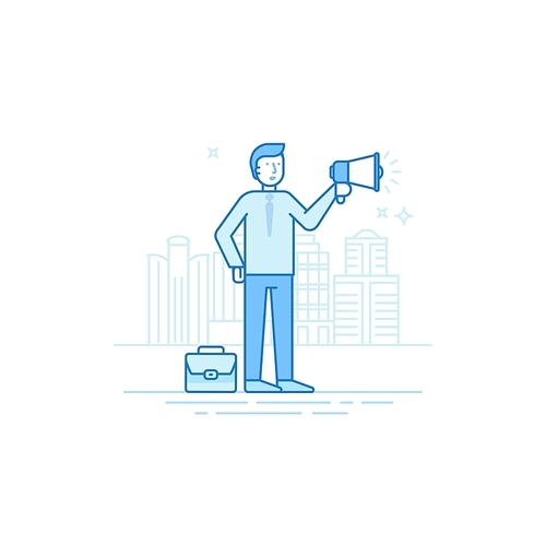 Vector illustration in trendy flat linear style in blue colour - man holding megaphone and loudspeaker - business advertising and promotion concept