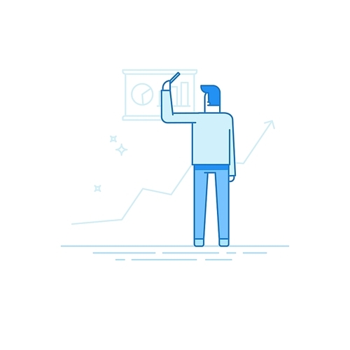 Vector illustration in trendy flat linear style in blue colour - businessman showing growth graph on the presentation board - business strategy concept