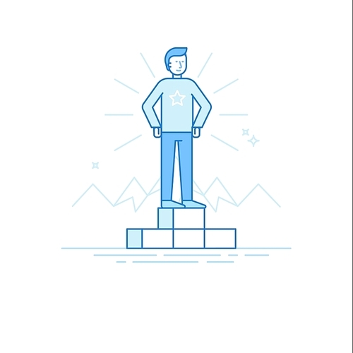 Vector illustration in trendy flat linear style in blue colour - business competition winner - man standing on the podium on the first place - career achievement