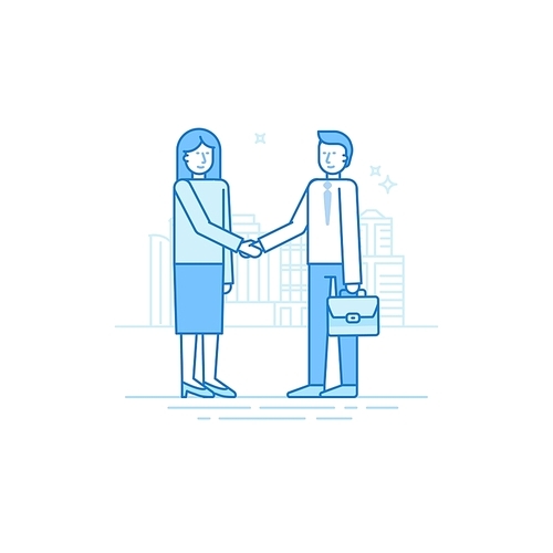 Vector illustration in trendy flat linear style in blue colour - business agreement concept - woman and man shaking hands - start up development and investment attracting