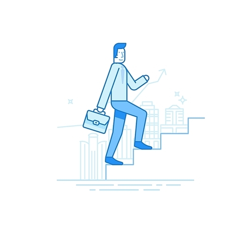 Vector illustration in trendy flat linear style in blue colour - man walking up the staircase with briefcase - career development concept