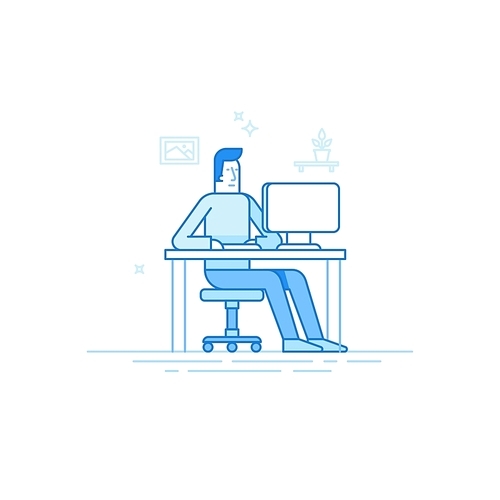 Vector illustration in trendy flat linear style and blue colors - man working sitting at the desk with computer - creative and freelance work concept in home office