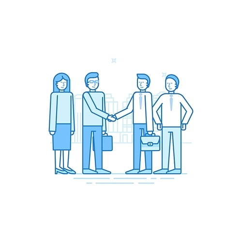 Vector illustration in trendy flat linear style in blue colour - business agreement and team building concept - women and men shaking hands - start up development and investment attracting