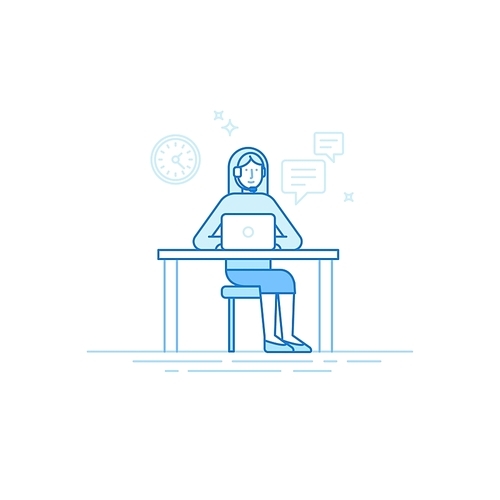 Vector illustration in trendy flat linear style in blue colour - woman character with headset sitting at the desktop with laptop - technical support concept - call center icon